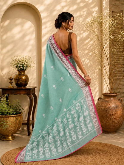 Sea Green Muslin Jamdani Saree back model image