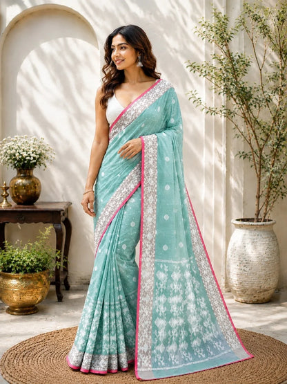 Sea Green Muslin Jamdani Saree model image