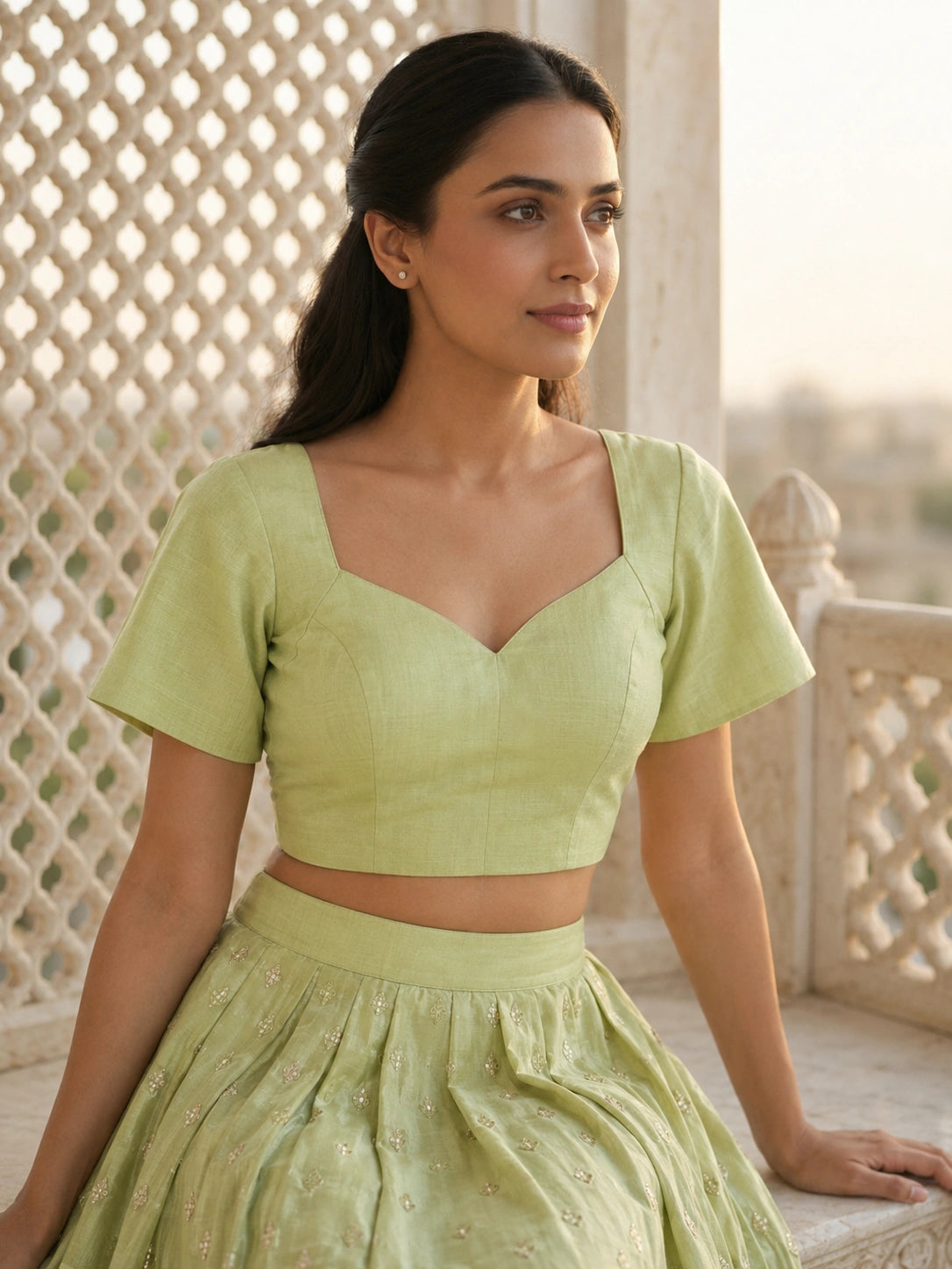 light Green Cotton Sweetheart Neck Short Sleeve Blouse for Women