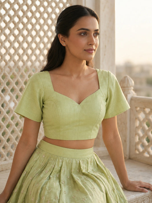 light Green Cotton Sweetheart Neck Short Sleeve Blouse for Women