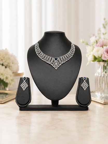 Silver-Tone Blue Stone Geometric Statement Necklace and Drop Earrings Set