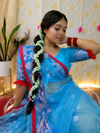 Sky Blue Muslin Jamdani Saree with White Geometric Woven Motifs & Contrast Pink Border