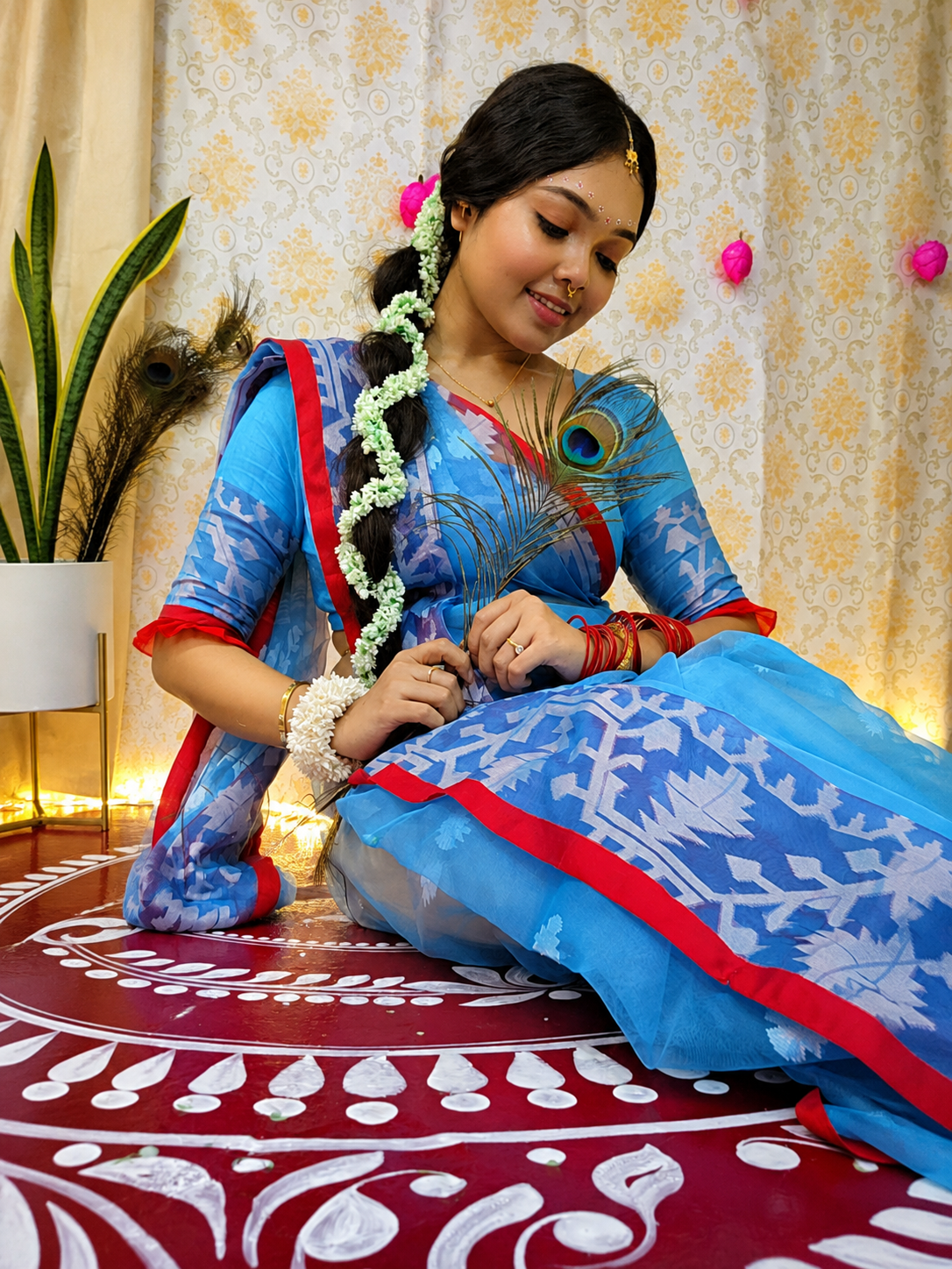 Sky Blue Muslin Jamdani Saree with White Geometric Woven Motifs & Contrast Pink Border