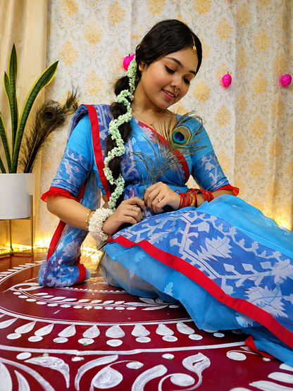 Sky Blue Muslin Jamdani Saree with White Geometric Woven Motifs & Contrast Pink Border
