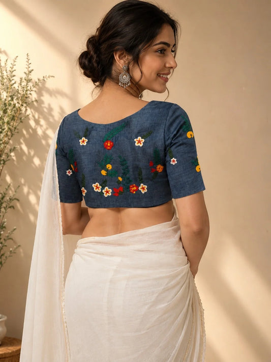 Steel Blue Boat Neck Glass Embroidered Blouse model image