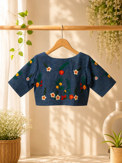 Steel Blue Boat Neck Glass Embroidered Blouse image 3