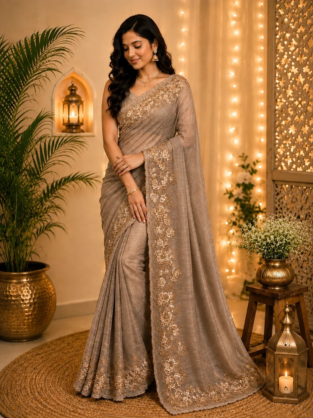 Taupe Beige Floral Embroidered Net Saree model image