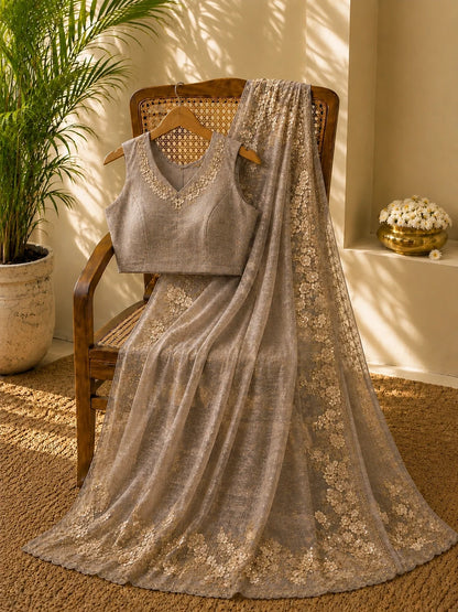 Taupe Beige Floral Embroidered Net Saree image 2