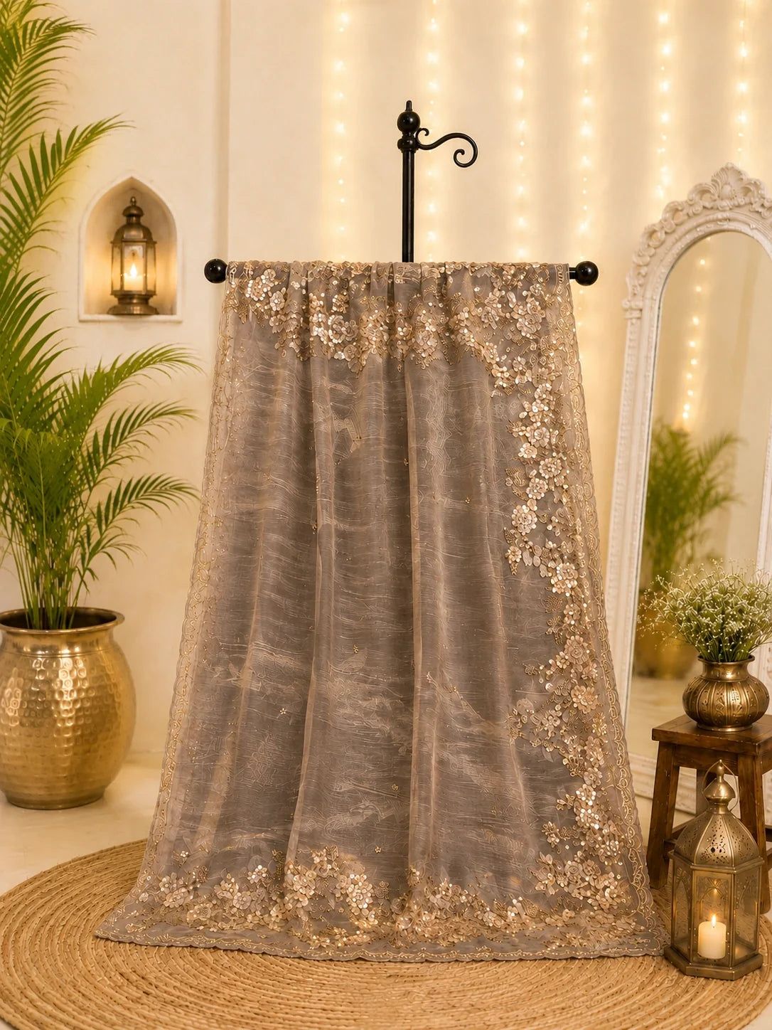Taupe Beige Floral Embroidered Net Saree image 3