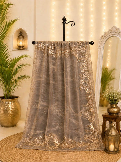 Taupe Beige Floral Embroidered Net Saree image 3