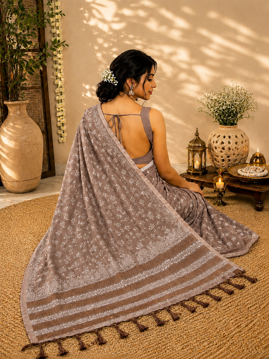 Taupe Brown Tussar Batik Saree image 3