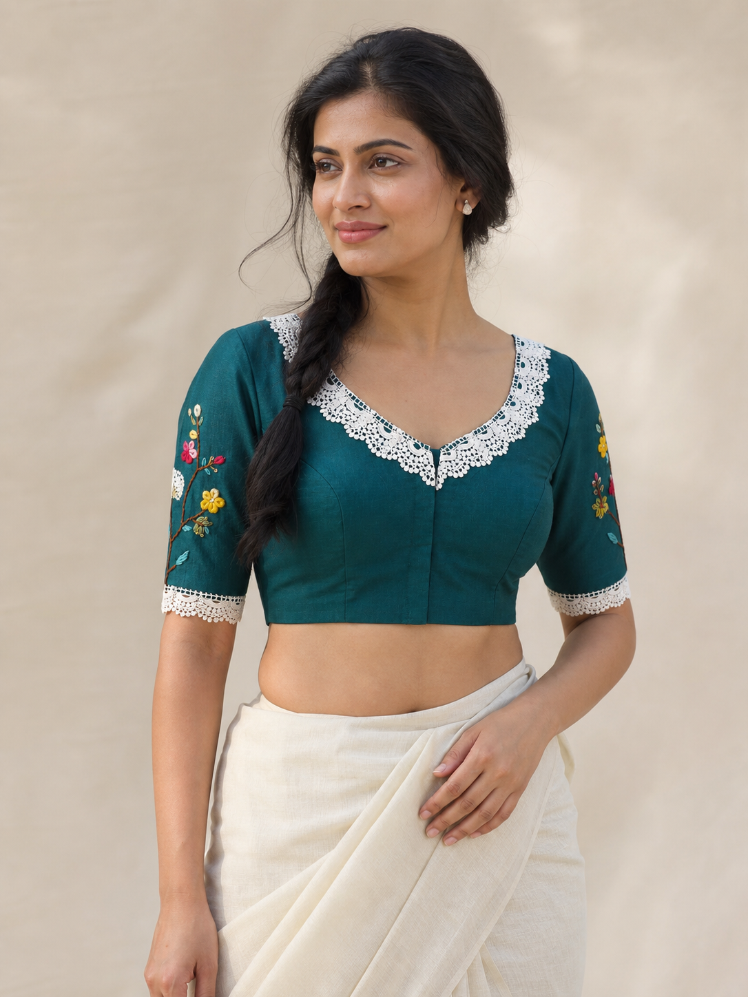 Teal pure cotton air-neck blouse worn by model, front view