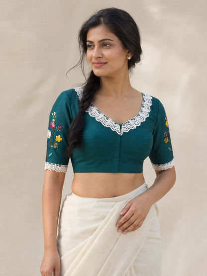 Teal pure cotton air-neck blouse worn by model, front view