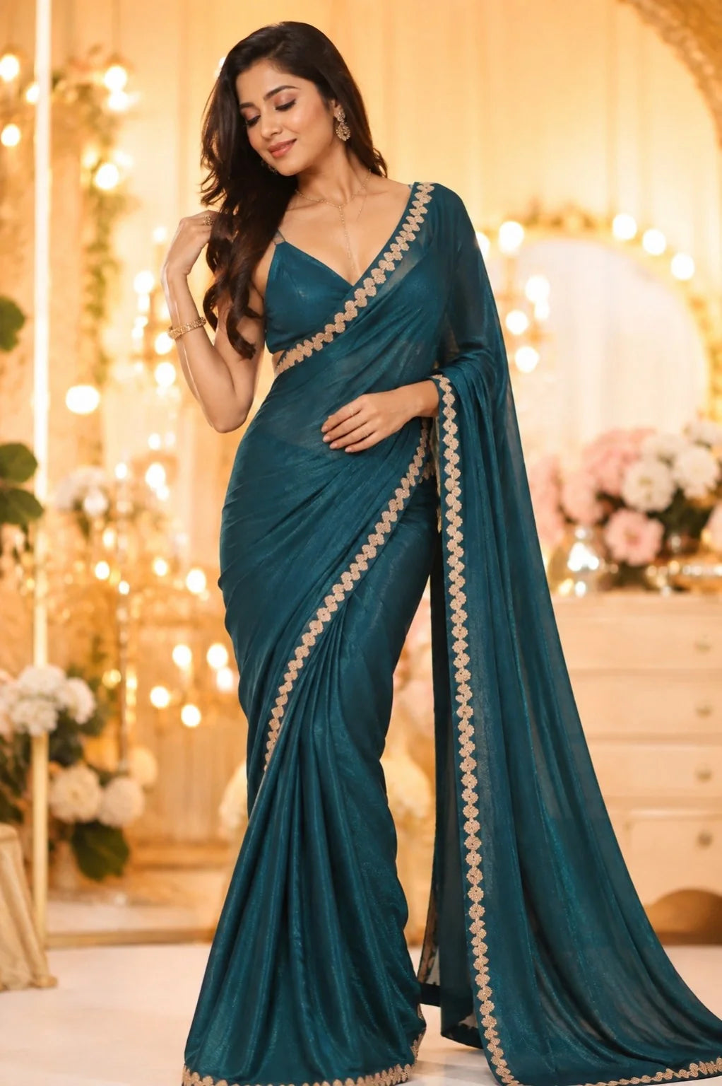 Teal Fandy Satin Saree image 2