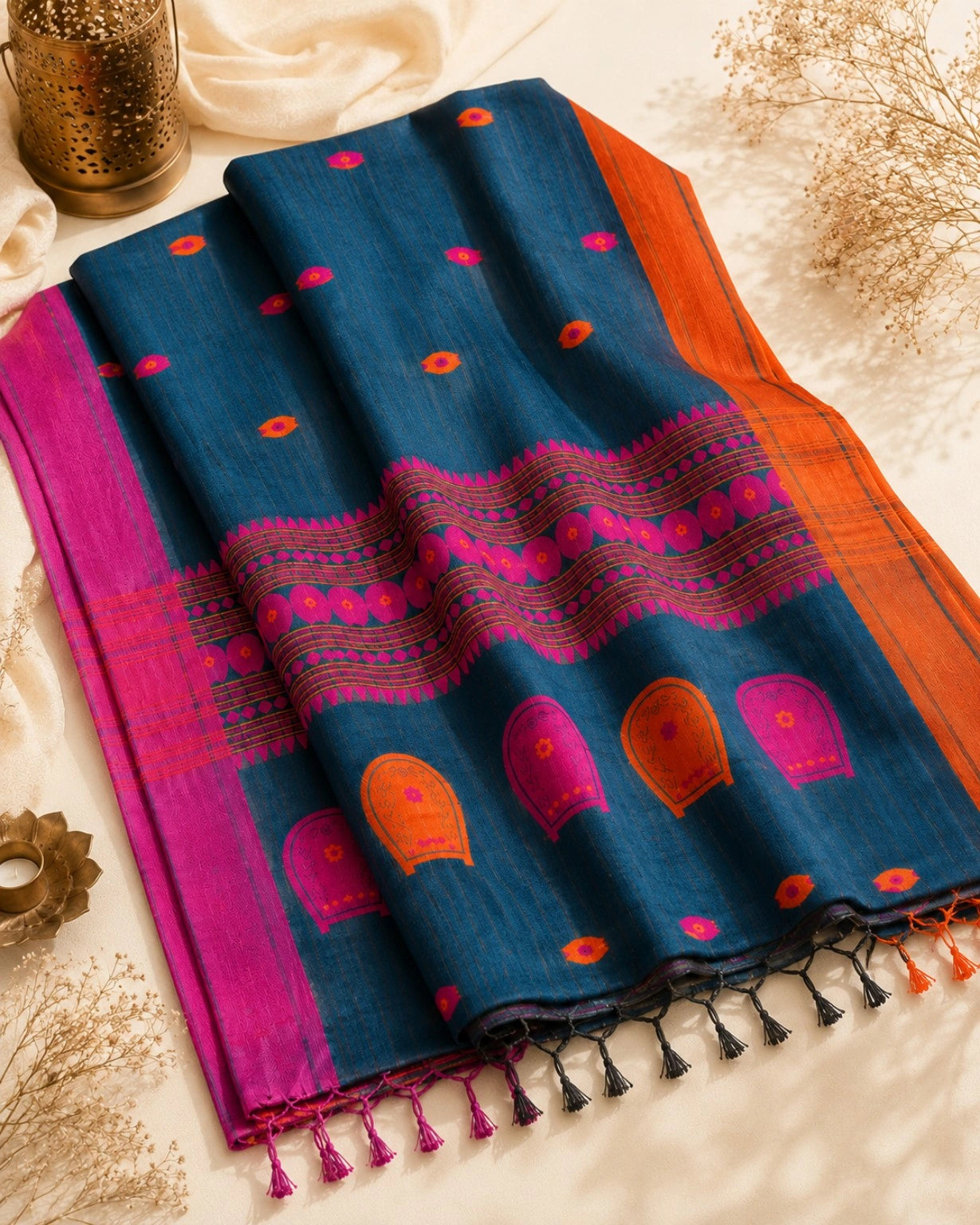 Deep Teal Pure Cotton Weaving Saree with Pink Orange Motifs & Statement Woven Pallu