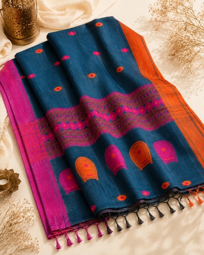 Deep Teal Pure Cotton Weaving Saree with Pink Orange Motifs & Statement Woven Pallu