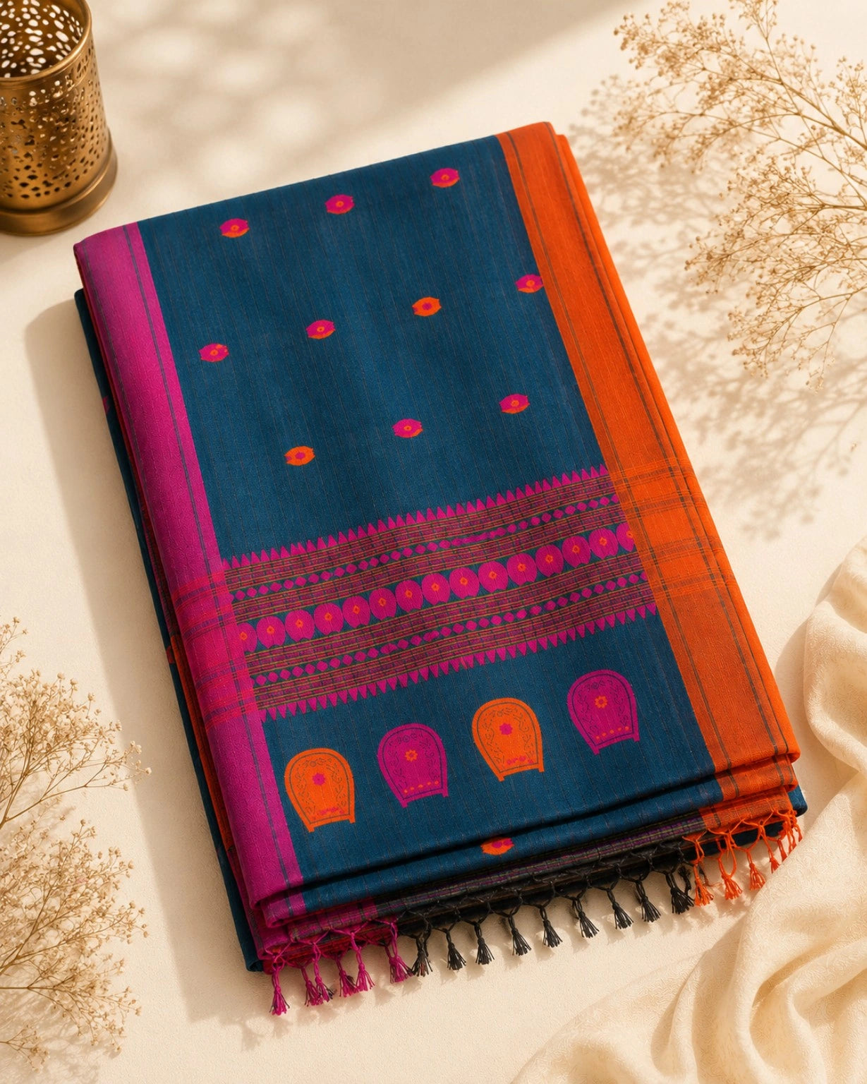 Deep Teal Pure Cotton Weaving Saree with Pink Orange Motifs & Statement Woven Pallu