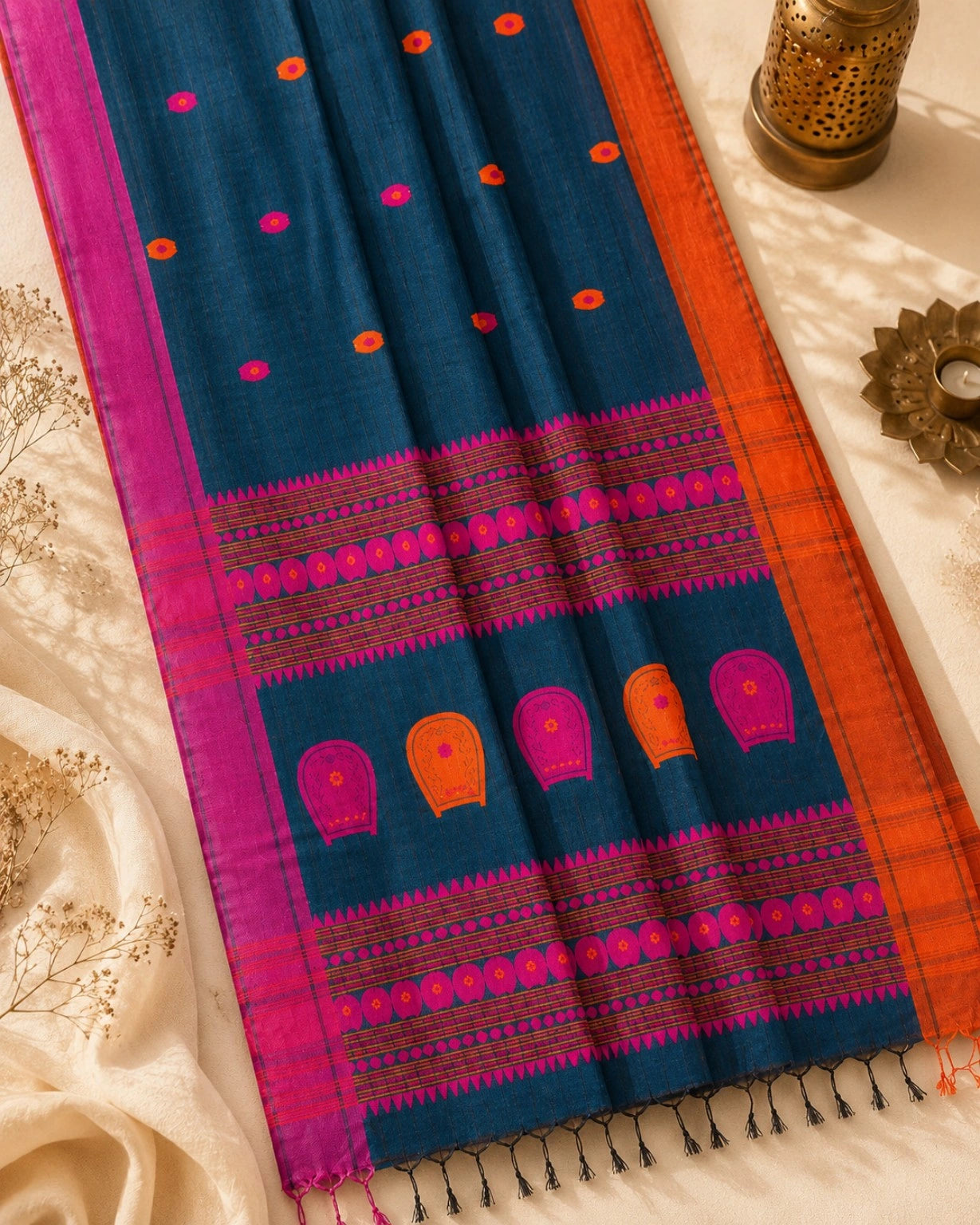 Deep Teal Pure Cotton Weaving Saree with Pink Orange Motifs & Statement Woven Pallu