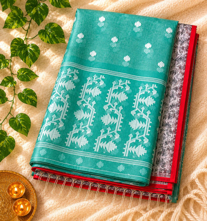 Aqua Green Jamdani Style Saree with White Floral Buti and Geometric Woven Border