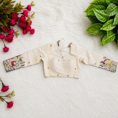 Off White Ramlella Embroidered Full Sleeves Designer Blouse with Folk Art Sleeve Motifs