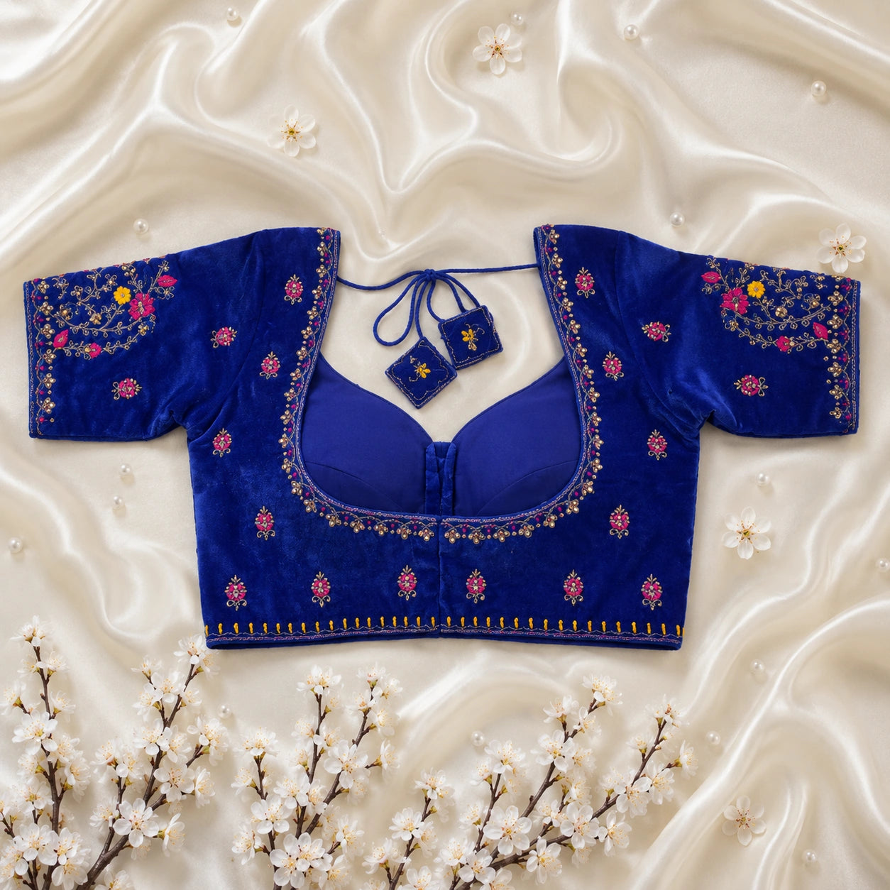 Royal Blue Velvet Ari Work Sabyasachi Glass Sleeve Blouse for Women Floral Embroidered Bridal & Festive Ethnic Blouse