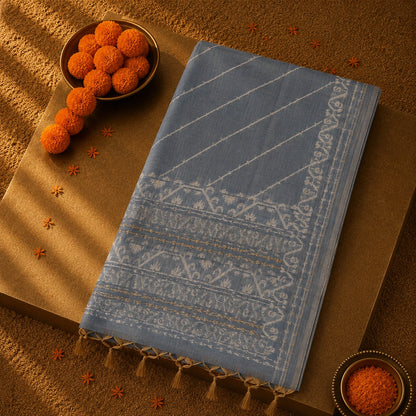 Dusty Blue Silk Jamdani Saree with Silver Woven Floral Border & Elegant Tassels