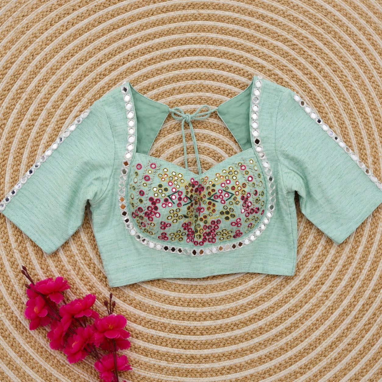 WEVOW Mint Green Pure Cotton Handwork Mirror Glass Embroidered Blouse for Women Festive Ethnic Wear