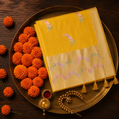 Mustard Yellow Pure Masru Silk Saree with Gold Zari Floral Buta and Ornate Woven Border