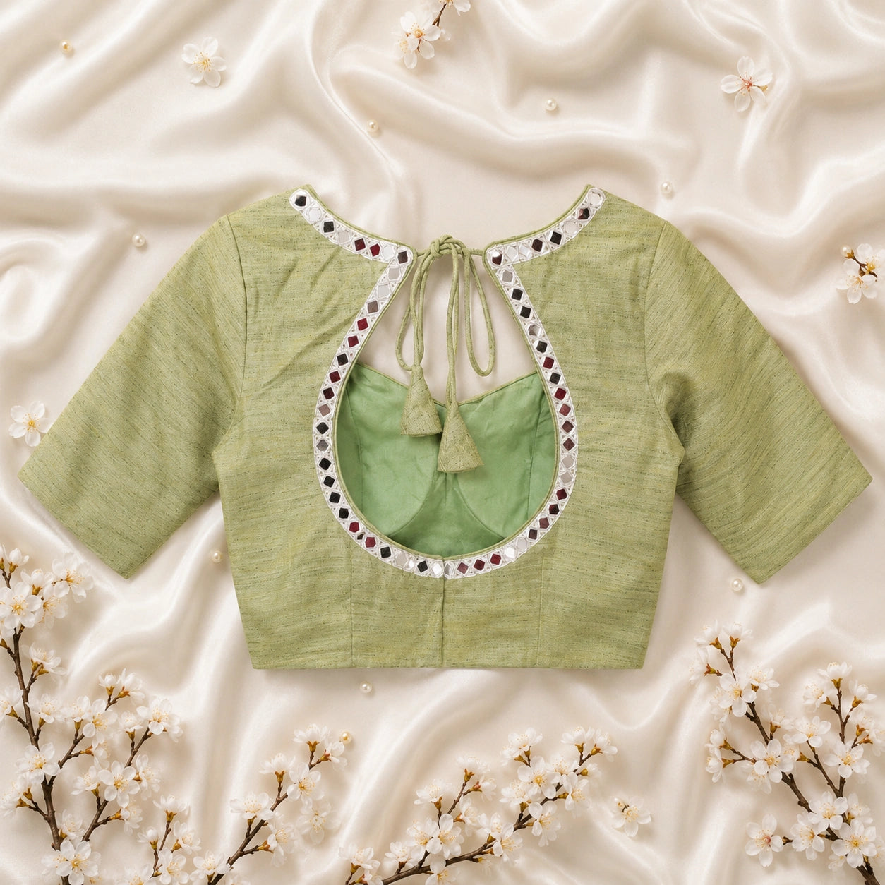 Olive Green Pure Cotton Hand Work Mirror Embroidered Blouse with Glass Work Half Sleeves