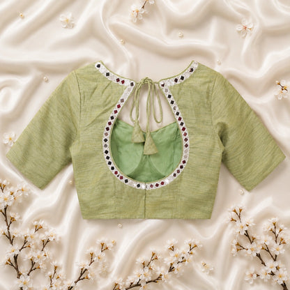 Olive Green Pure Cotton Hand Work Mirror Embroidered Blouse with Glass Work Half Sleeves
