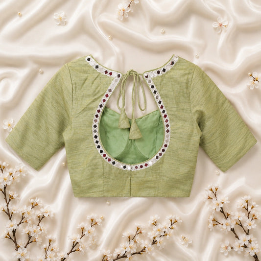Olive Green Pure Cotton Hand Work Mirror Embroidered Blouse with Glass Work Half Sleeves