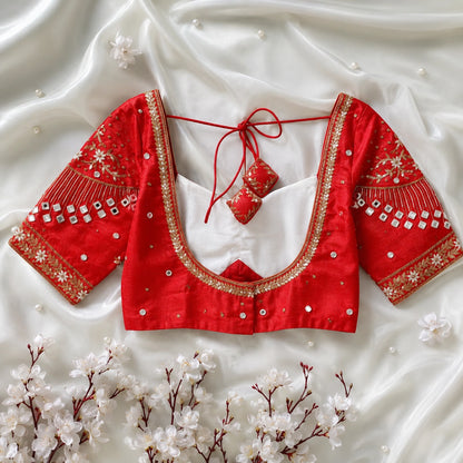 Red Raw Silk Mumtaz Cut Blouse with Ari Work, Mirror Embellishments & Sweetheart Neck