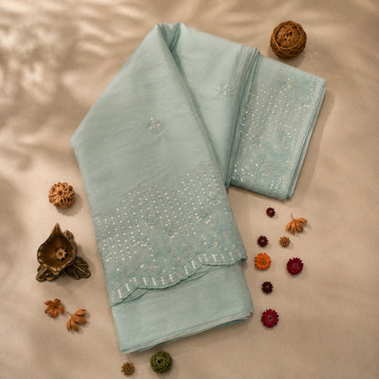 Powder Blue Chanderi Sequence Saree with Floral Buti Work and Embroidered Border