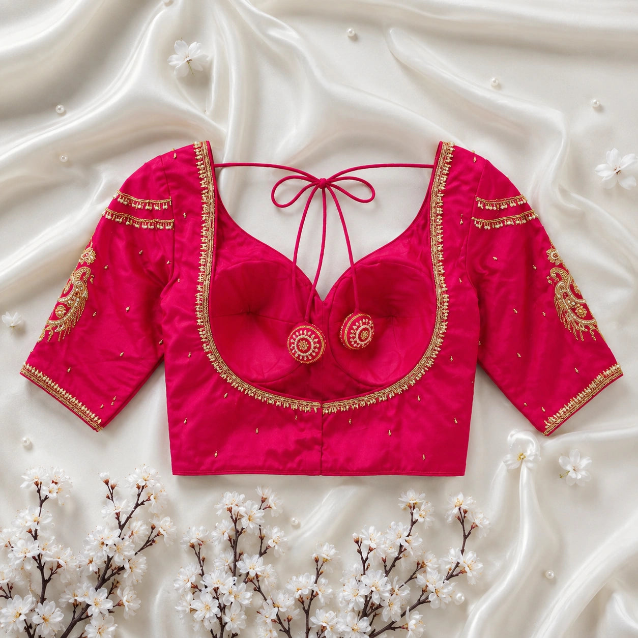 Bridal Sabyasachi Ari Work Rani Pink Blouse with Peacock Embroidery & Sweetheart Neck