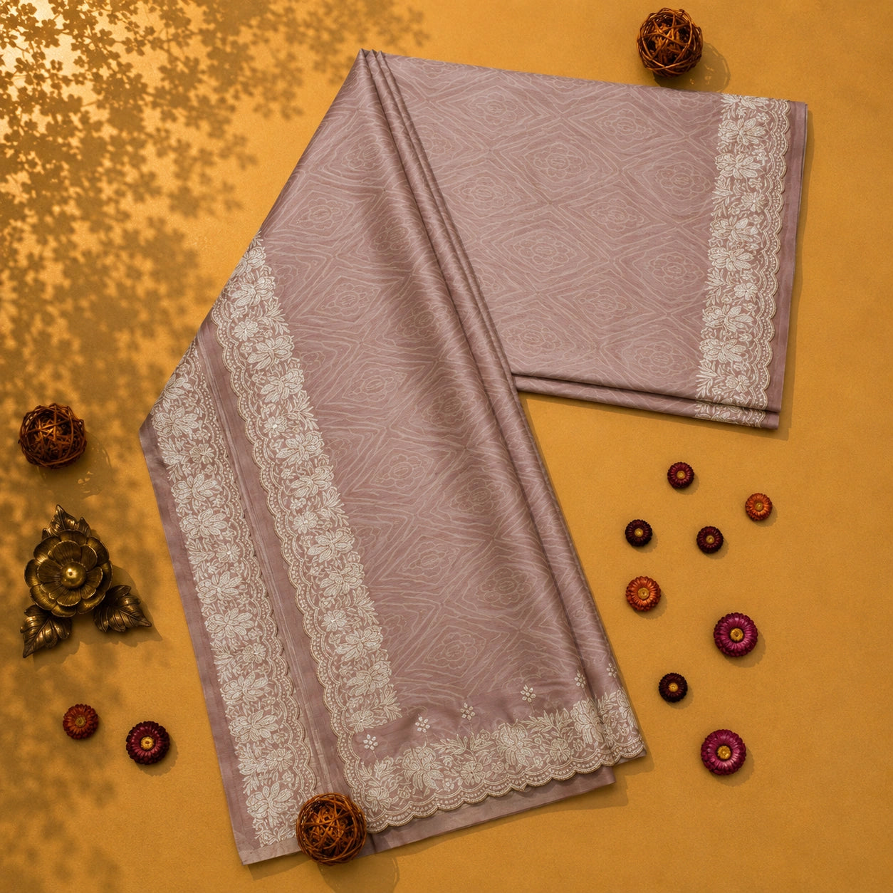 Dusty Mauve Tussar Bandhej Saree with Off-White Floral Woven Border