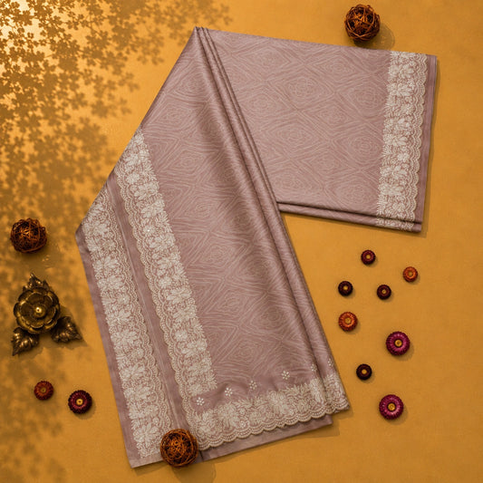 Dusty Mauve Tussar Bandhej Saree with Off-White Floral Woven Border