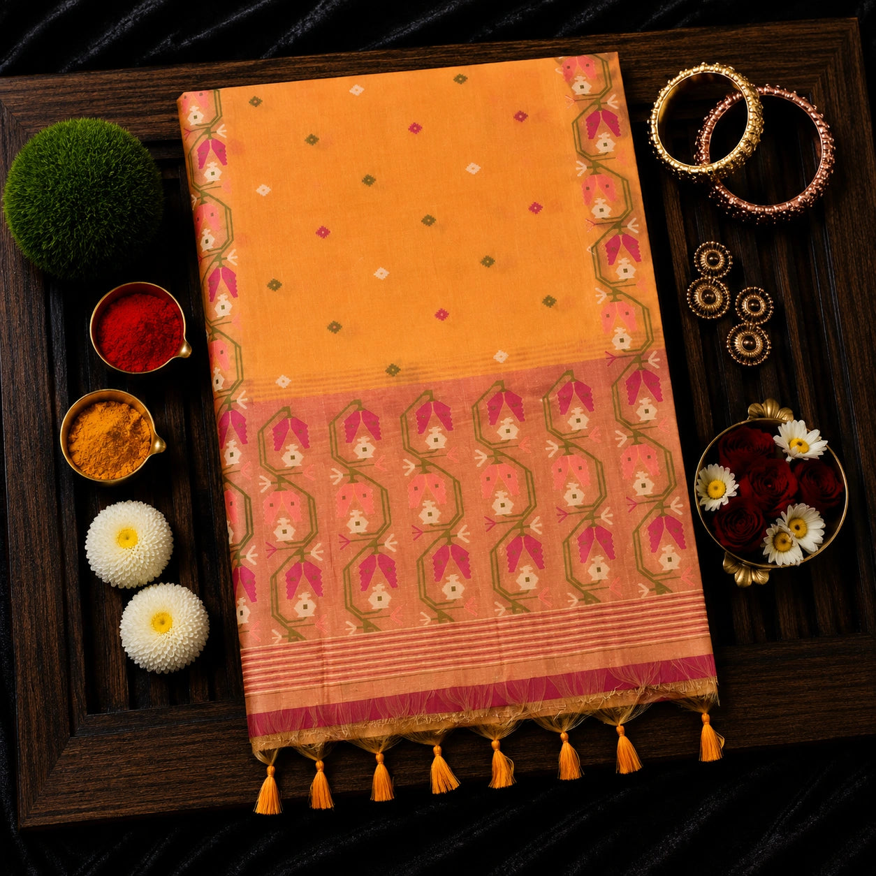 Peach Orange Silk Jamdani Saree with Artistic Floral Vine Border and Woven Buti Design