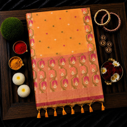 Peach Orange Silk Jamdani Saree with Artistic Floral Vine Border and Woven Buti Design