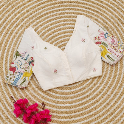 White Cotton Ramlella Floral Printed Sleeve Blouse with V-Neck