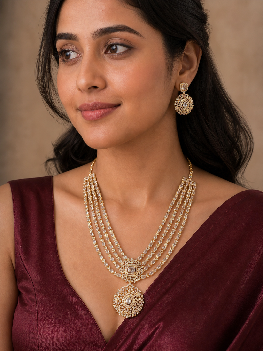 Traditional Gold-Tone Multi-Layer Necklace Set with Statement Pendant & Earrings model photoshoot