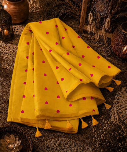 Mustard Yellow Mul Cotton Embroidery Saree with Pink Heart Motifs & Tassel Pallu
