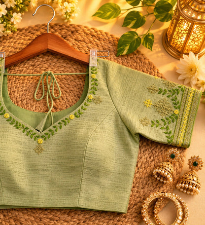 Sage Green Pure Cotton Thread Work Blouse with Floral Embroidery & V-Neck
