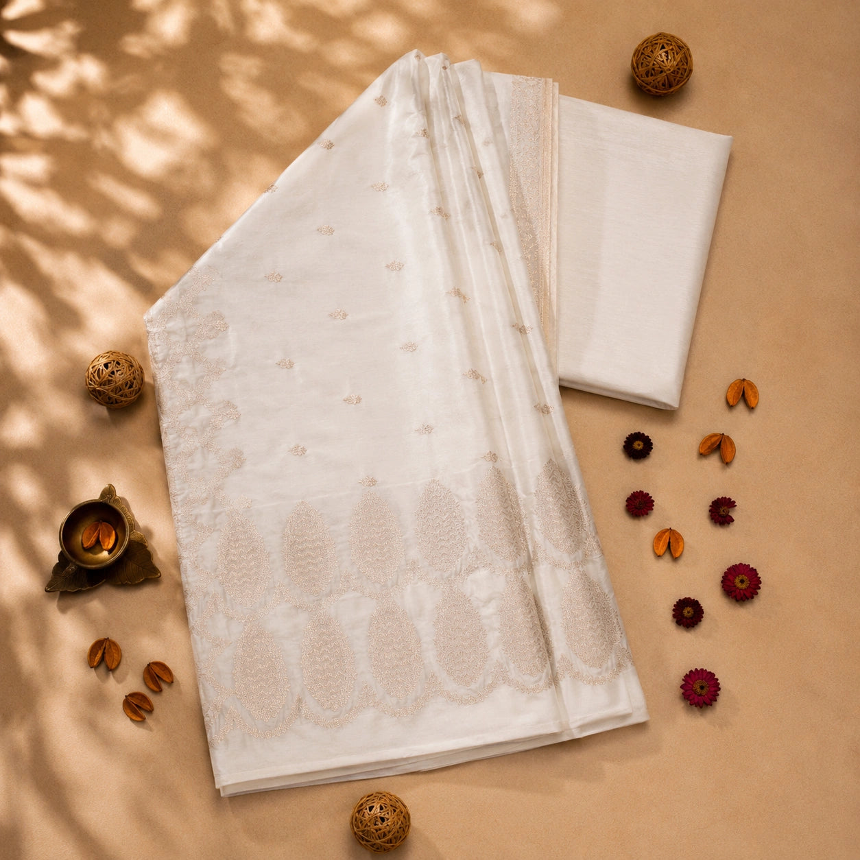 Ivory Pure Mashru Silk Banarasi Saree with Dual Floral Borders and Buti Weaving