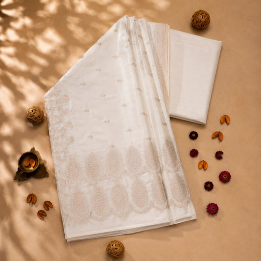 Ivory Pure Mashru Silk Banarasi Saree with Dual Floral Borders and Buti Weaving