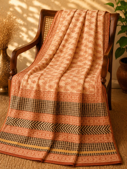 Coral Orange Kota Dori Hand Block Print Saree with Paisley Motifs and Traditional Floral Border