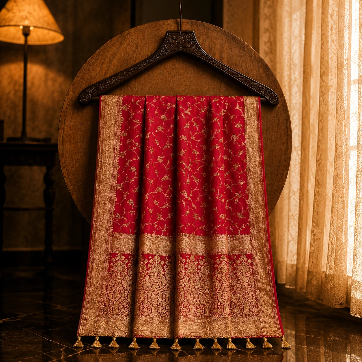Red Pure Masru Silk Saree with Gold Floral Vine Weaving and Ornate Zari Border