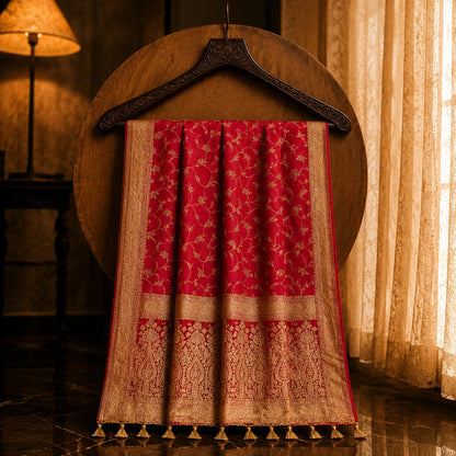 Red Pure Masru Silk Saree with Gold Floral Vine Weaving and Ornate Zari Border