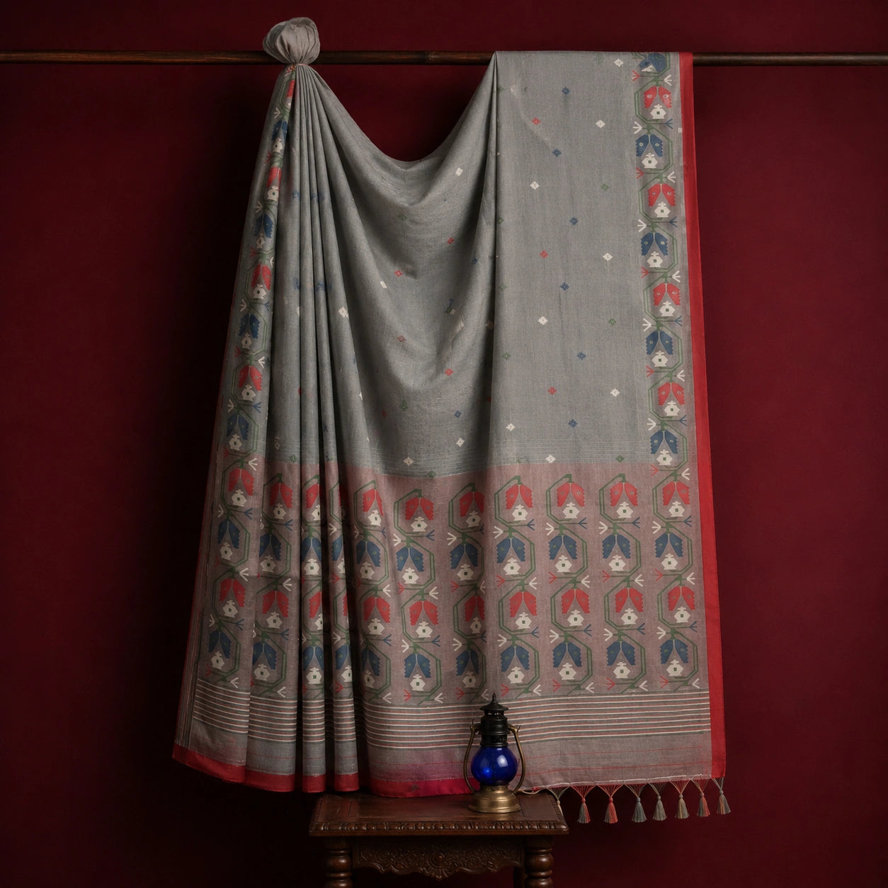 Grey Silk Jamdani Saree with Multicolor Floral Temple Border and Woven Buti Design