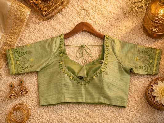 Sage Green Pure Cotton Thread Work Blouse with Floral Embroidery & V-Neck