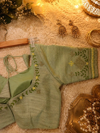 Sage Green Pure Cotton Thread Work Blouse with Floral Embroidery & V-Neck
